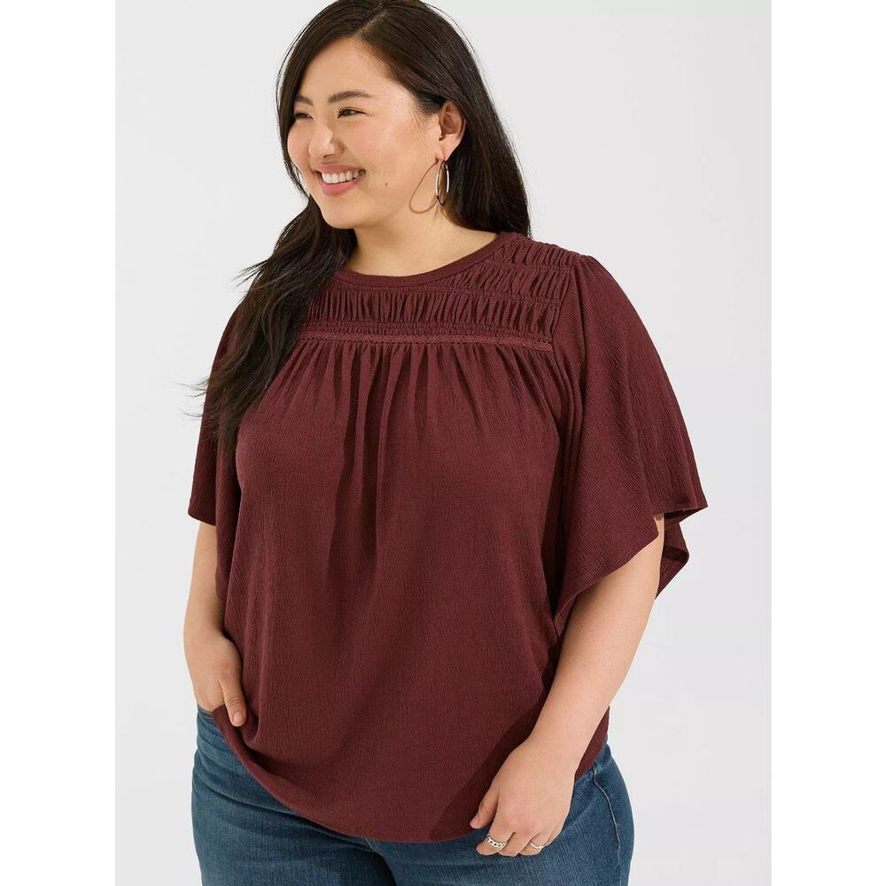 Torrid Burgundy Knit Crewneck Smocked Flutter Sleeve Top Plus Size: 00X (10)
